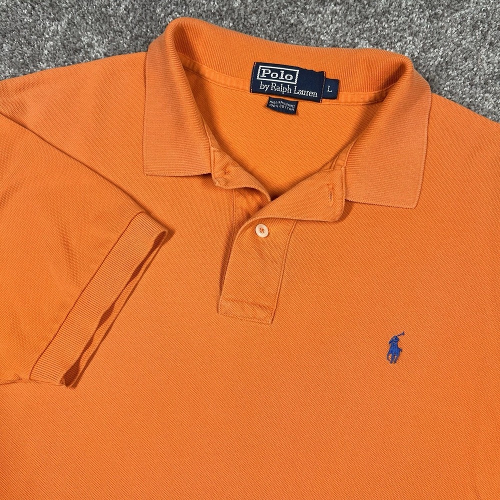 Vintage Polo Ralph Lauren Pony Shirt Mens L Orange 100% Cotton Short Sleeve 90s